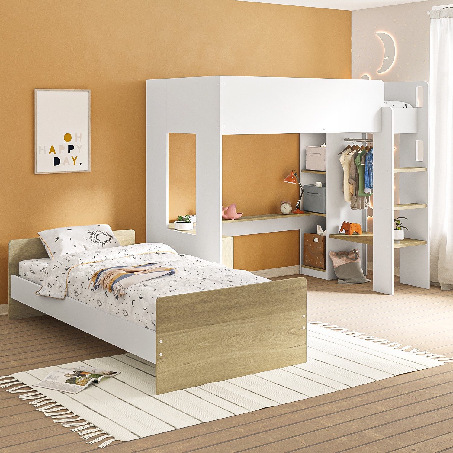 Read more about L-shaped detachable bunk bed with storage in white and oak layne